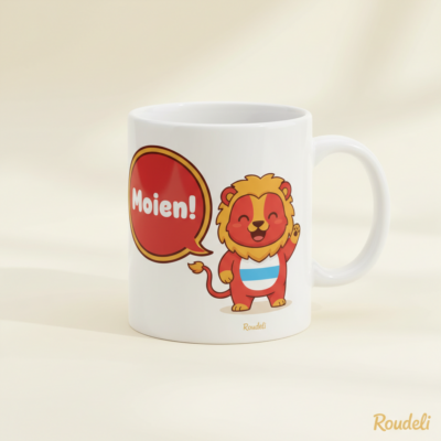 Mug Moien avec mascotte Roude Leiw qui salue tricolore