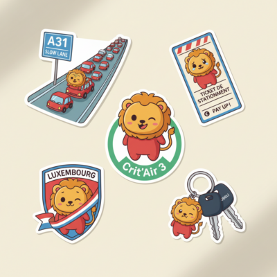 Lot 5 stickers humour vie frontalier A31 Crit Air parking Luxembourg Roudeli