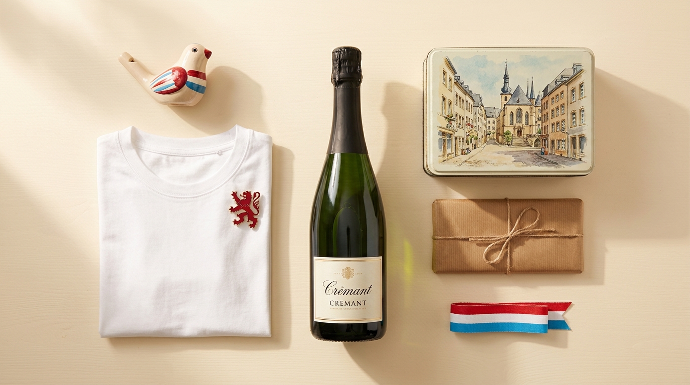 Flat lay editorial de 10 cadeaux luxembourgeois originaux : Peckvillchen tricolore, t-shirt avec pin Roude Leiw, Cremant de Luxembourg, boite biscuits Calteux, chocolat artisanal, ruban tricolore